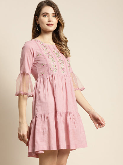Women`s Blushpink Cotton Slub Embroidered Tiered Dress