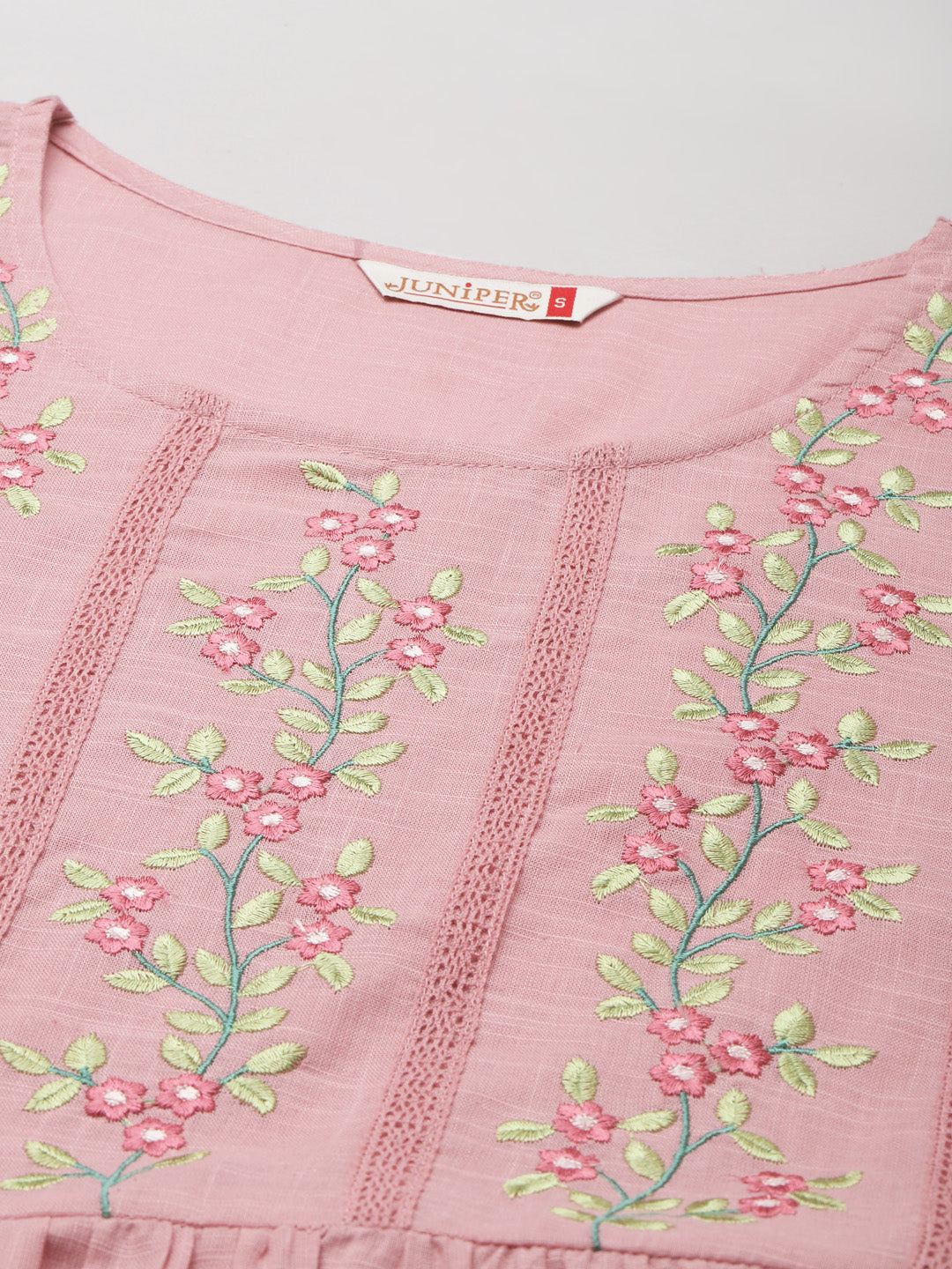 Women`s Blushpink Cotton Slub Embroidered Tiered Dress