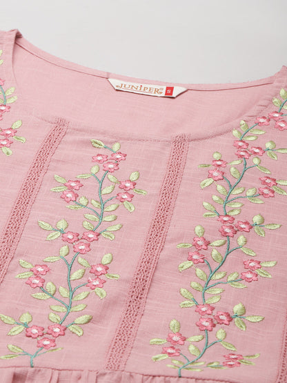 Women`s Blushpink Cotton Slub Embroidered Tiered Dress