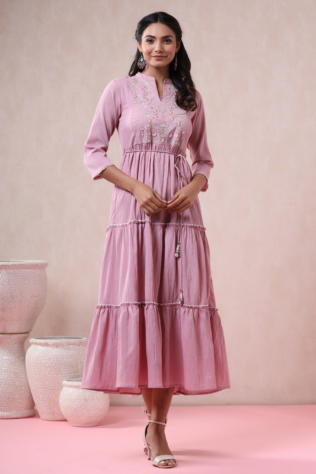 Blushpink Bubble Crepe Embroidered Tiered Dress with Tie-up Dori