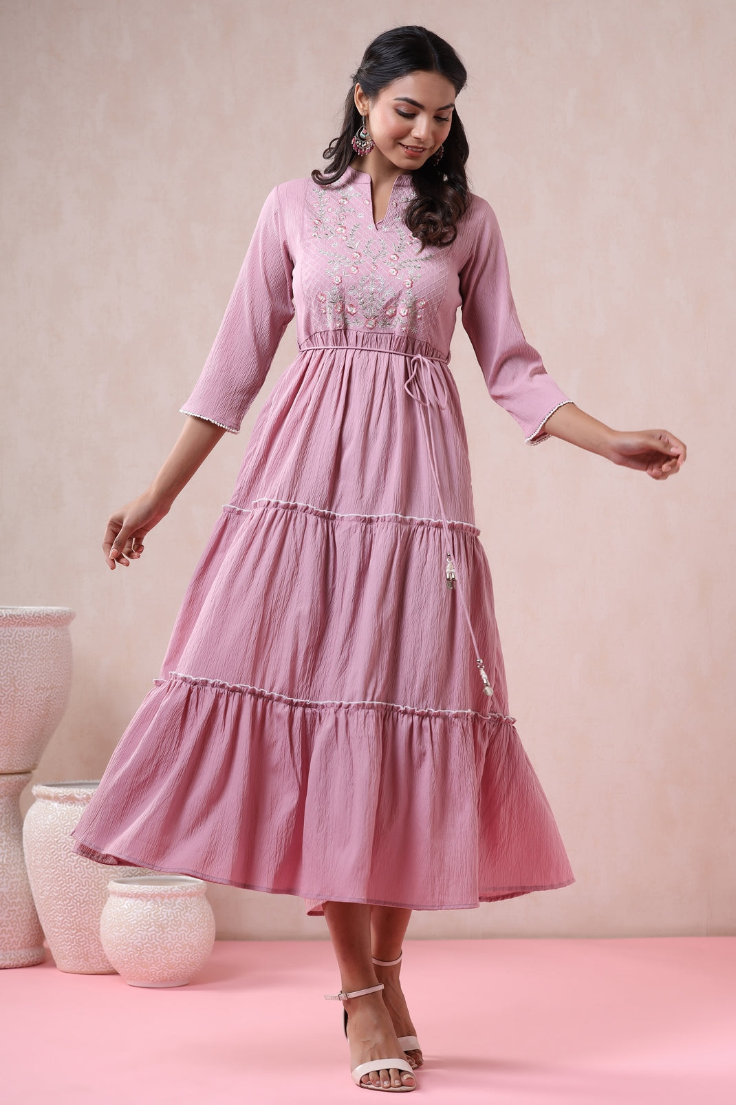 Blushpink Bubble Crepe Embroidered Tiered Dress with Tie-up Dori