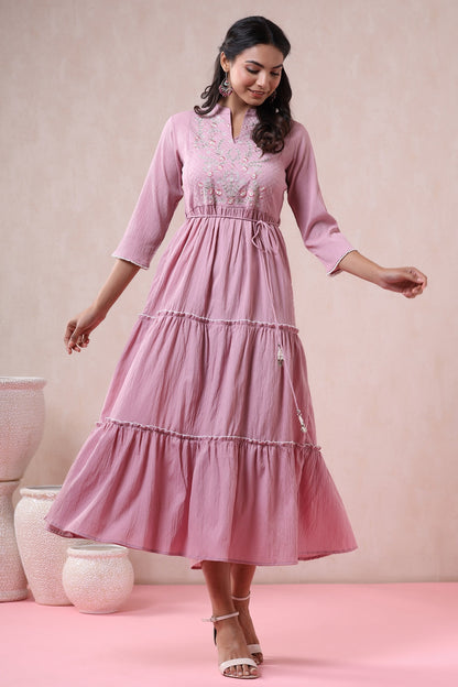 Blushpink Bubble Crepe Embroidered Tiered Dress with Tie-up Dori