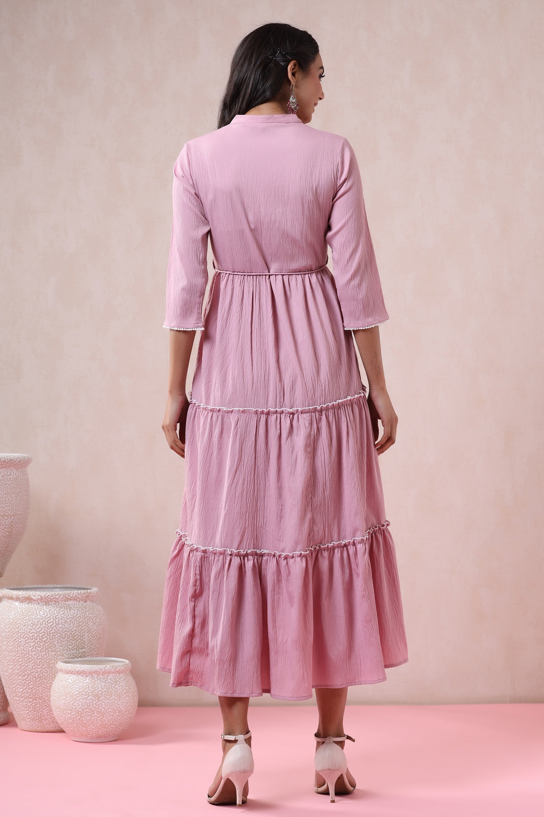 Blushpink Bubble Crepe Embroidered Tiered Dress with Tie-up Dori