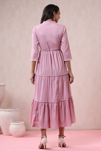 Blushpink Bubble Crepe Embroidered Tiered Dress with Tie-up Dori