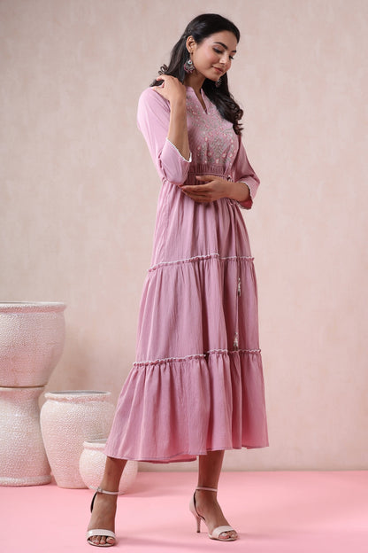 Blushpink Bubble Crepe Embroidered Tiered Dress with Tie-up Dori