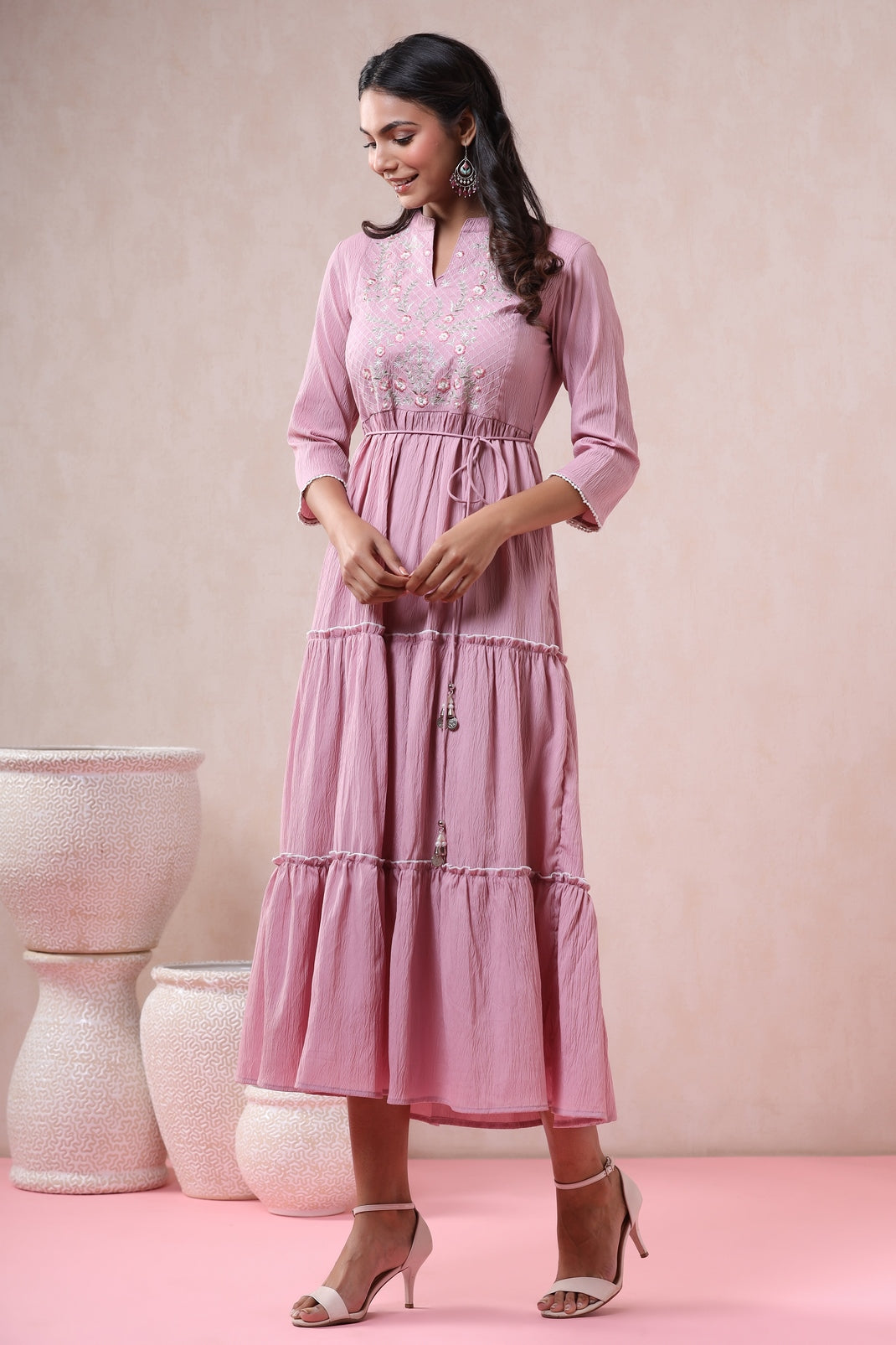 Blushpink Bubble Crepe Embroidered Tiered Dress with Tie-up Dori