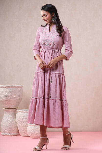 Blushpink Bubble Crepe Embroidered Tiered Dress with Tie-up Dori