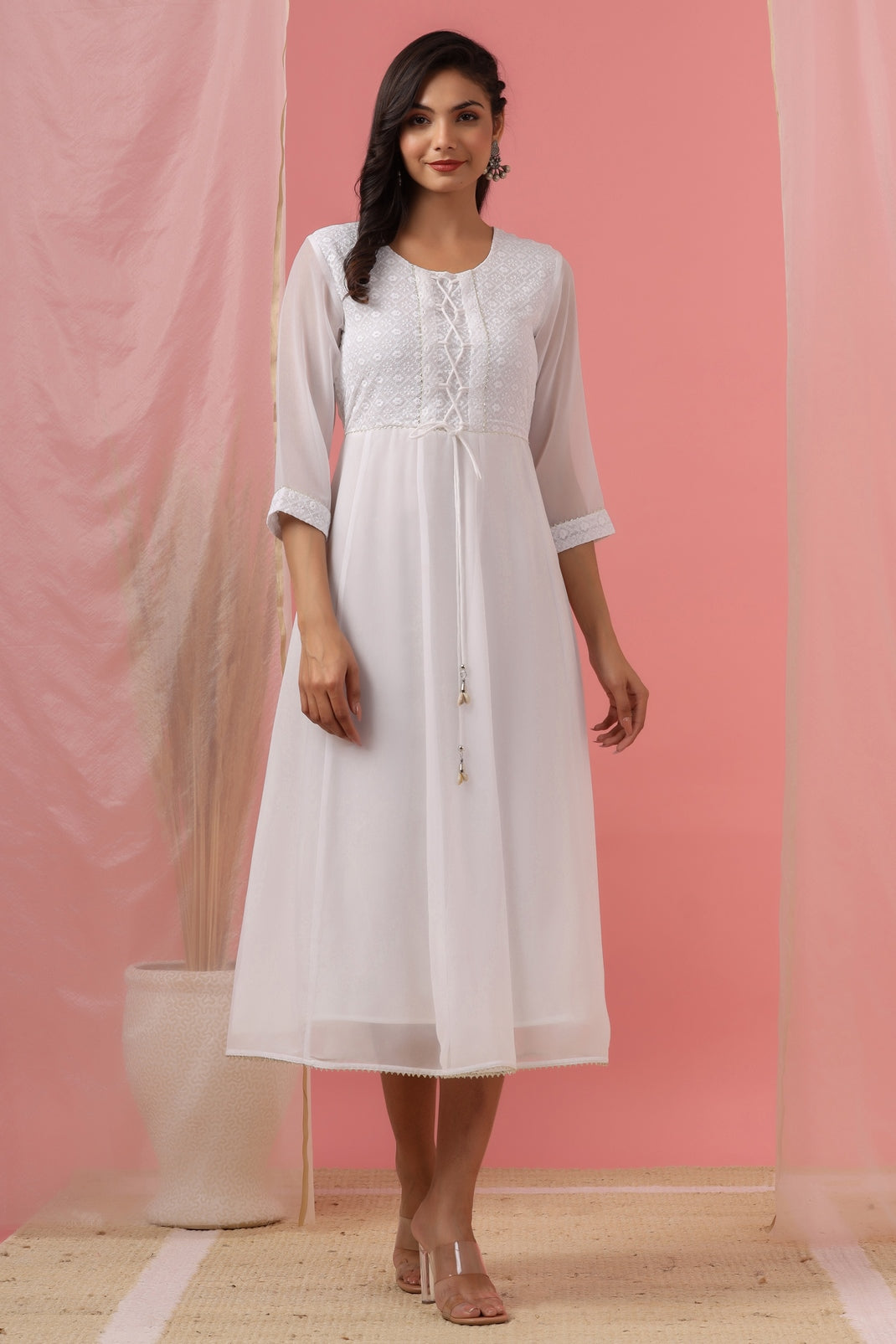 Women`s White Georgette Embroidered Anarkali Dress