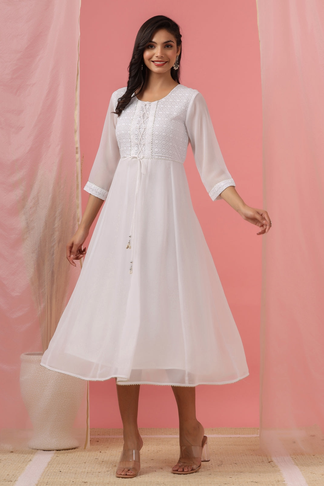 Women`s White Georgette Embroidered Anarkali Dress