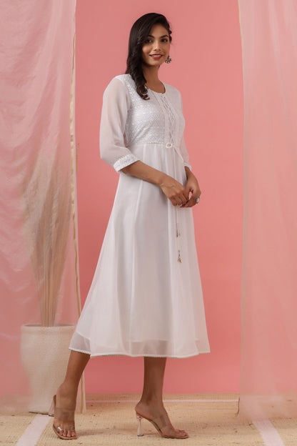 Women`s White Georgette Embroidered Anarkali Dress