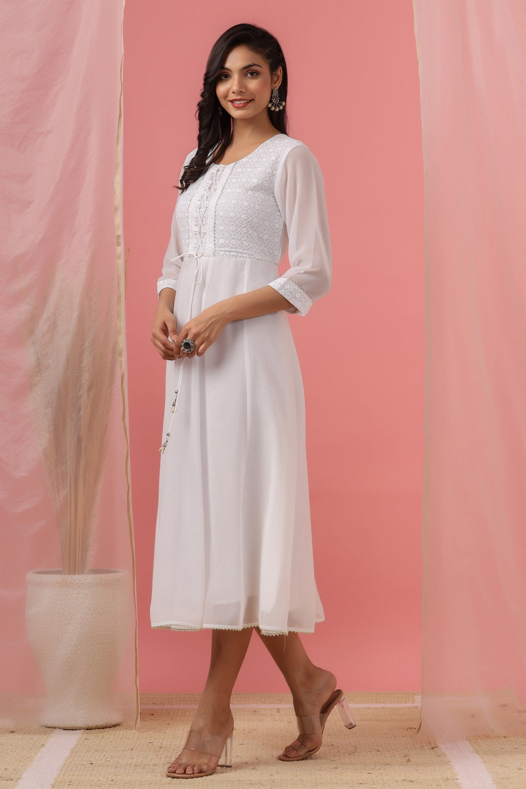 Women`s White Georgette Embroidered Anarkali Dress