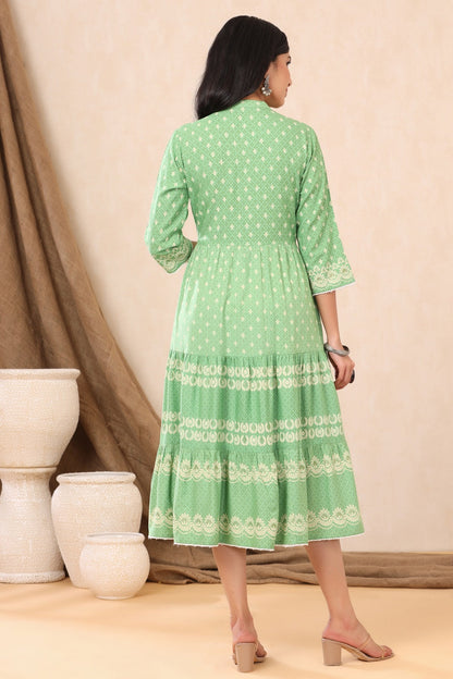 Green Rayon Printed Tiered Dress