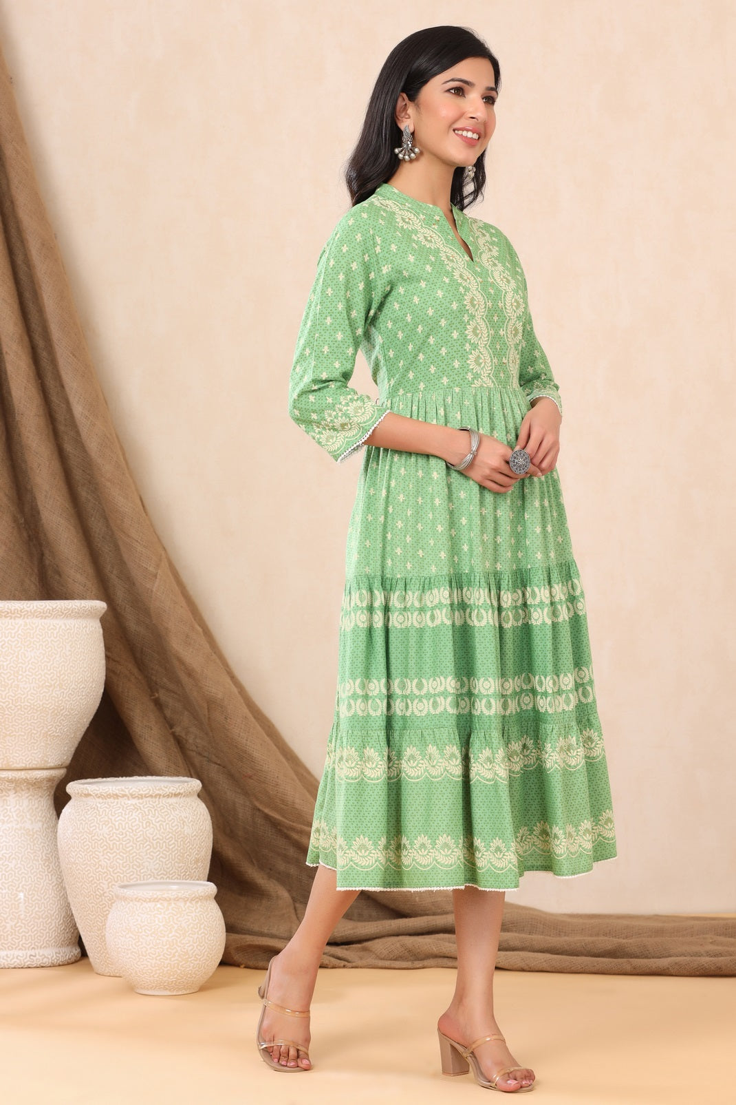 Green Rayon Printed Tiered Dress