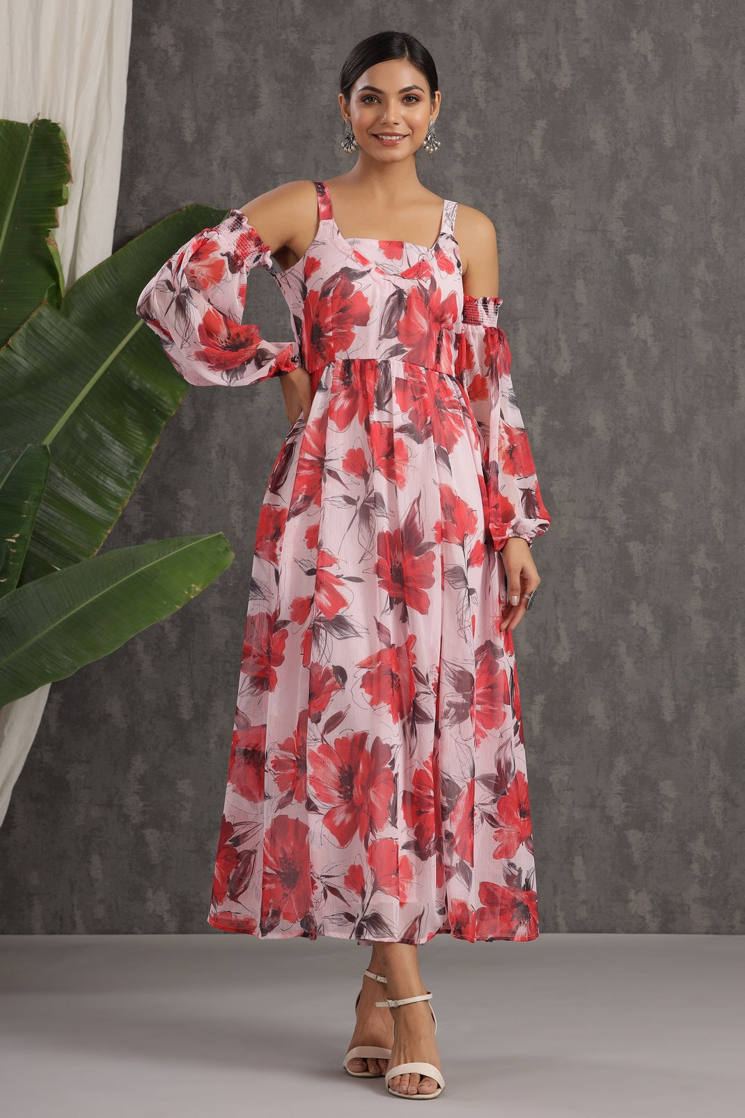 Light Pink Chiffon Printed Flared Dress