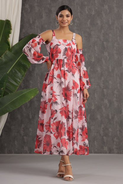 Light Pink Chiffon Printed Flared Dress