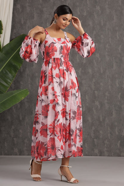 Light Pink Chiffon Printed Flared Dress