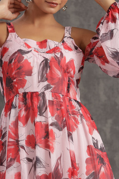 Light Pink Chiffon Printed Flared Dress