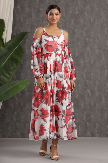 White Chiffon Printed Flared Dress