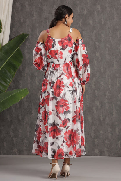 White Chiffon Printed Flared Dress