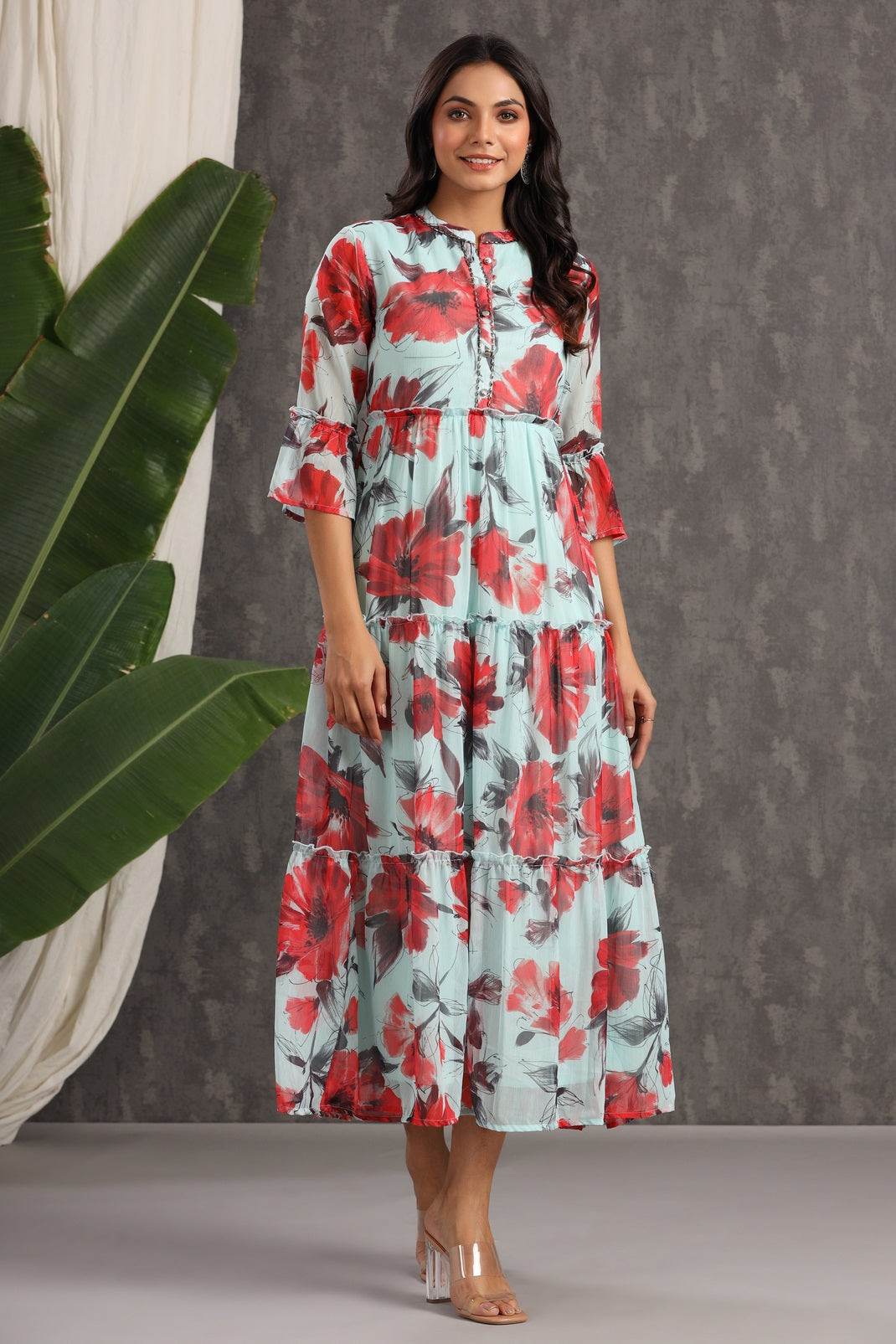 Mint Chiffon Printed Tiered Dress