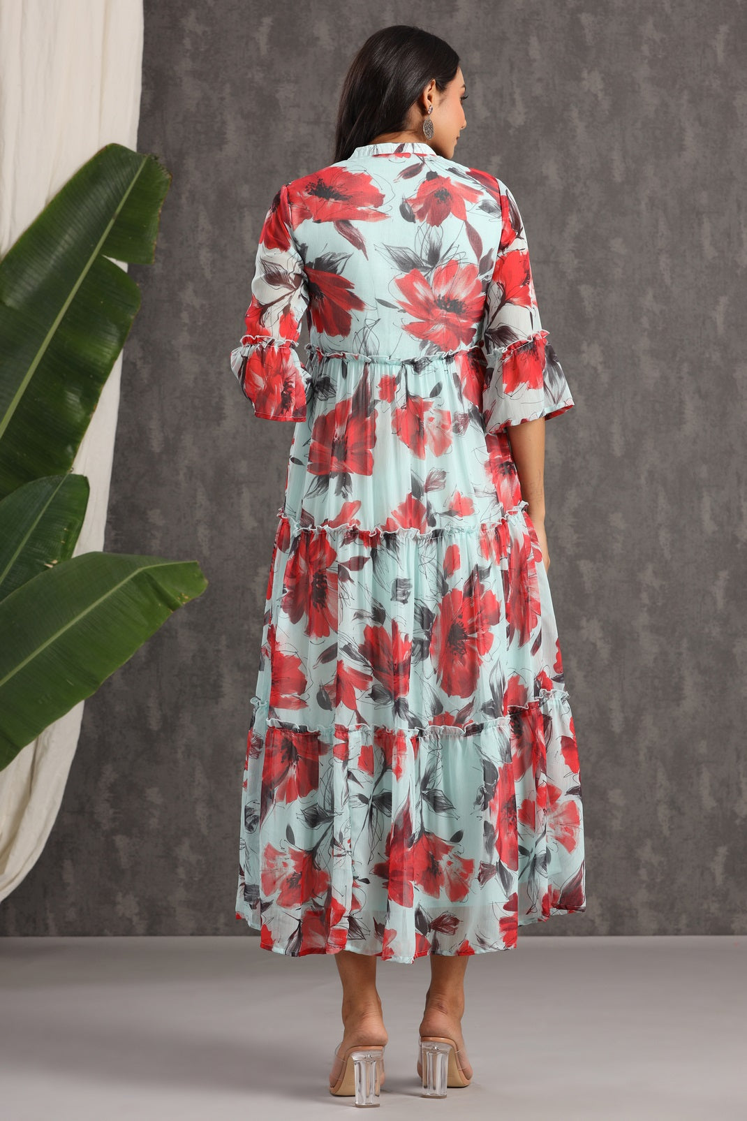 Mint Chiffon Printed Tiered Dress