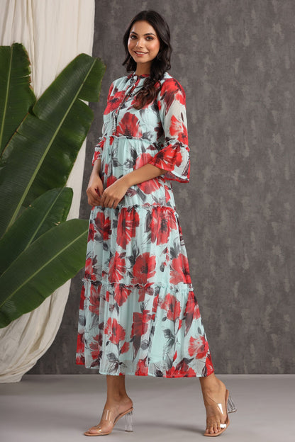 Mint Chiffon Printed Tiered Dress