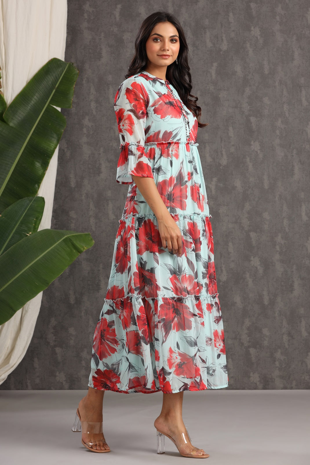 Mint Chiffon Printed Tiered Dress