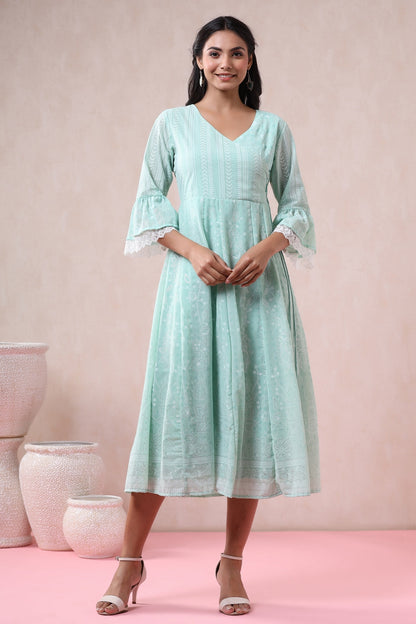 Mint Georgette Printed Angrakha Dress