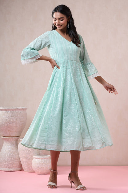 Mint Georgette Printed Angrakha Dress