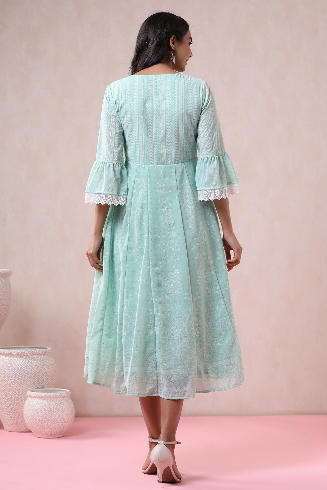 Mint Georgette Printed Angrakha Dress