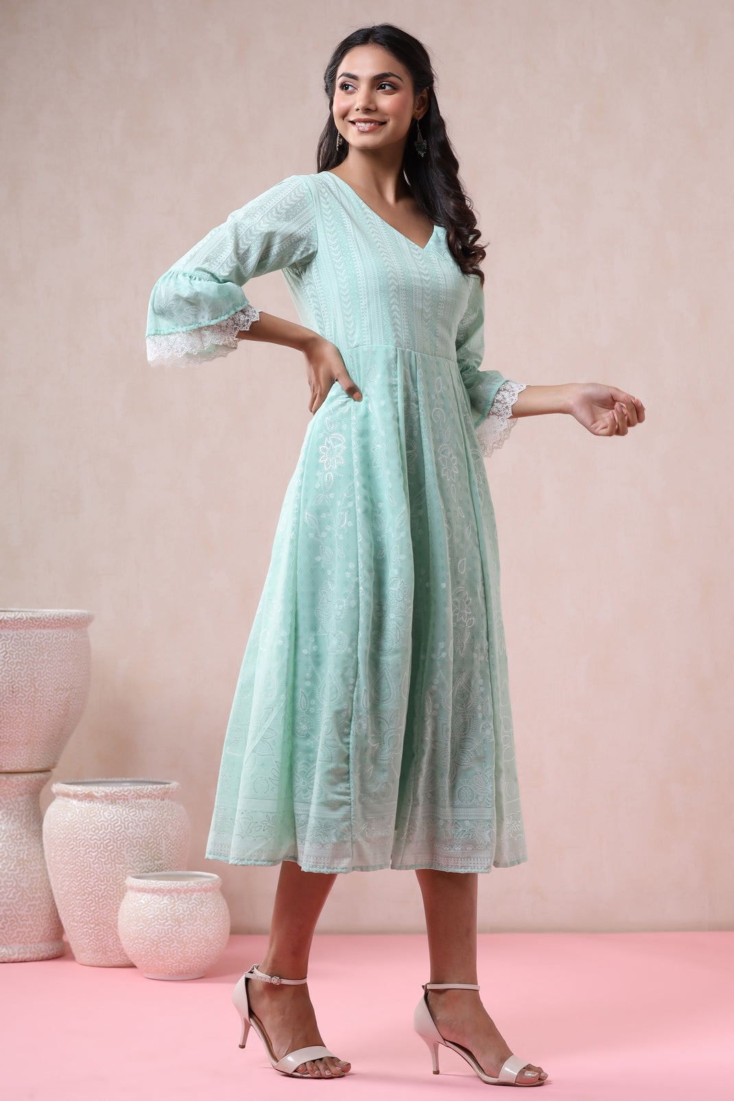Mint Georgette Printed Angrakha Dress
