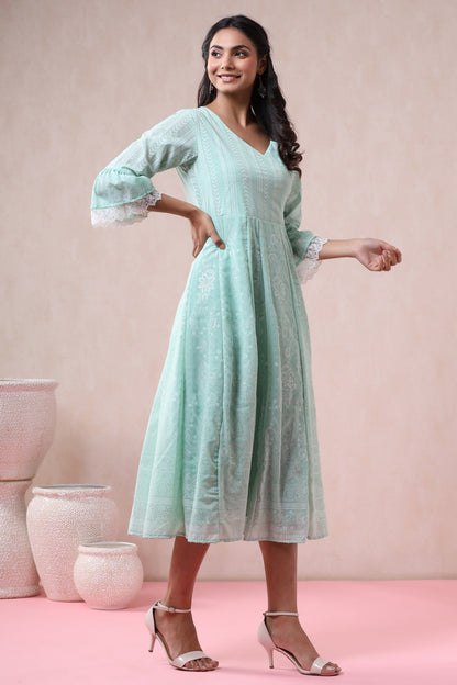 Mint Georgette Printed Angrakha Dress