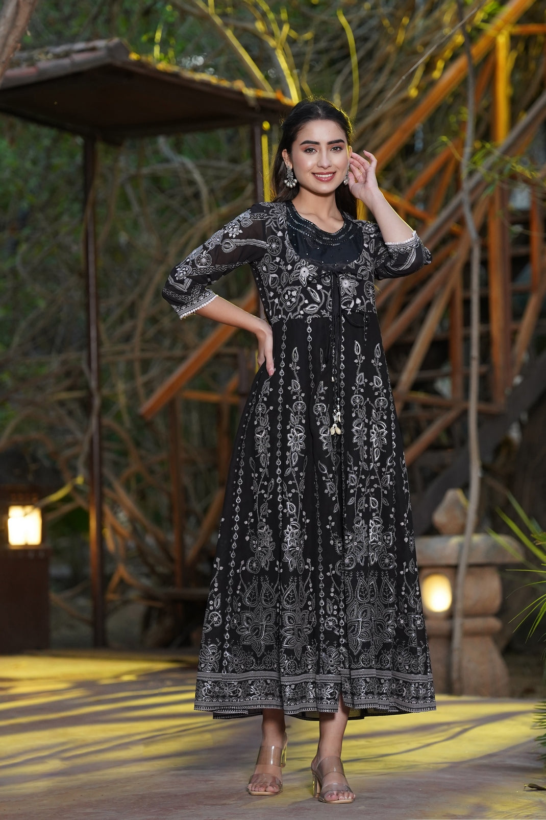Black Georgette Printed Layered Dress with Jacket