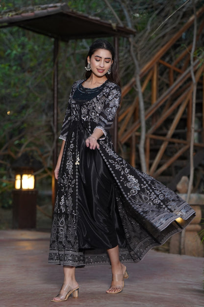 Black Georgette Printed Layered Dress with Jacket