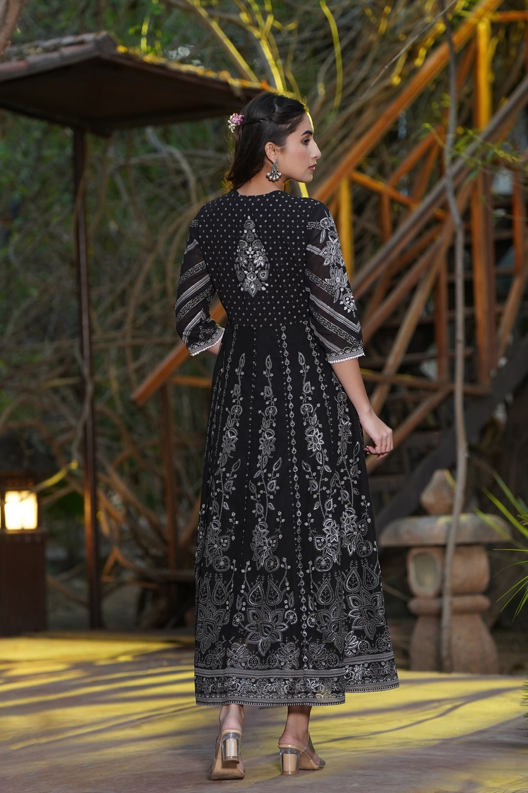 Black Georgette Printed Layered Dress with Jacket