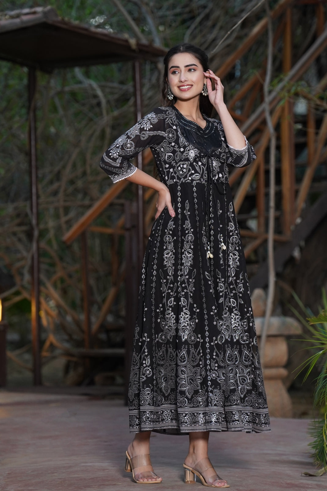 Black Georgette Printed Layered Dress with Jacket
