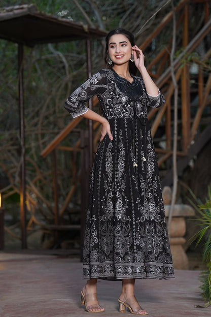 Black Georgette Printed Layered Dress with Jacket