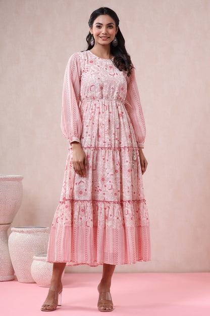 Pink & Multi Georgette Printed Tiered Dress with Tie-up Dori