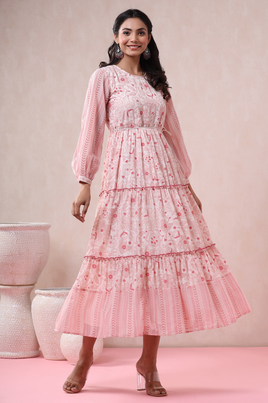 Pink & Multi Georgette Printed Tiered Dress with Tie-up Dori