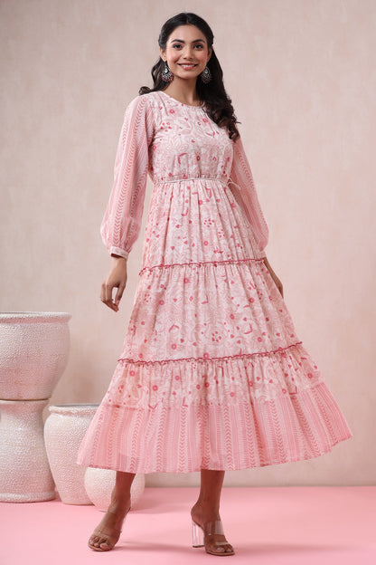 Pink & Multi Georgette Printed Tiered Dress with Tie-up Dori
