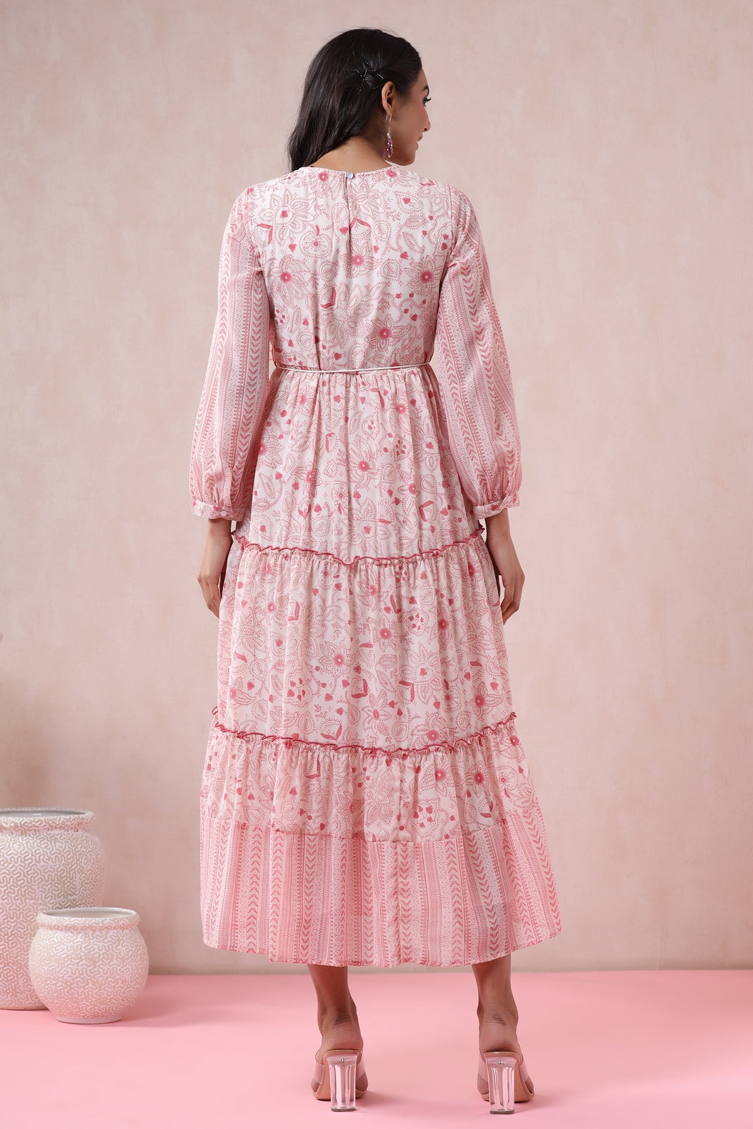 Pink & Multi Georgette Printed Tiered Dress with Tie-up Dori