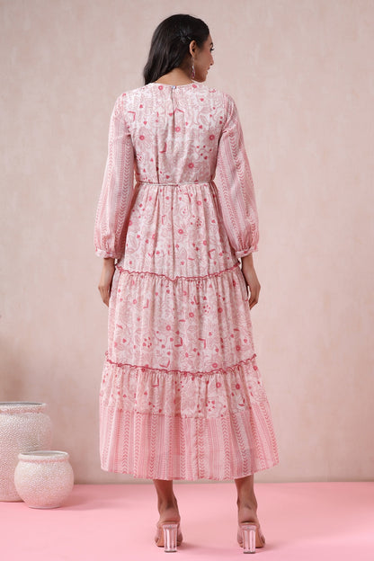 Pink & Multi Georgette Printed Tiered Dress with Tie-up Dori