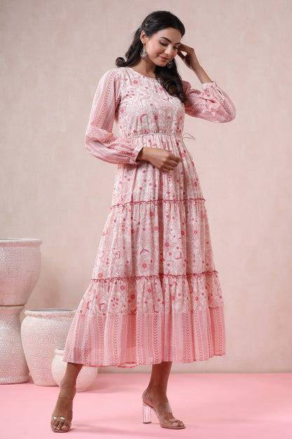 Pink & Multi Georgette Printed Tiered Dress with Tie-up Dori