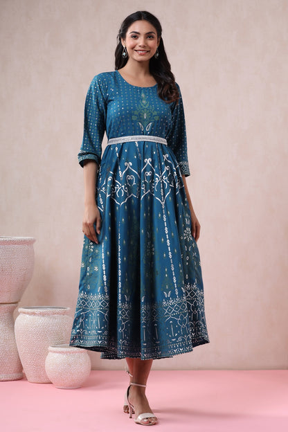 Blue American Crepe Printed Flared Dress with Belt
