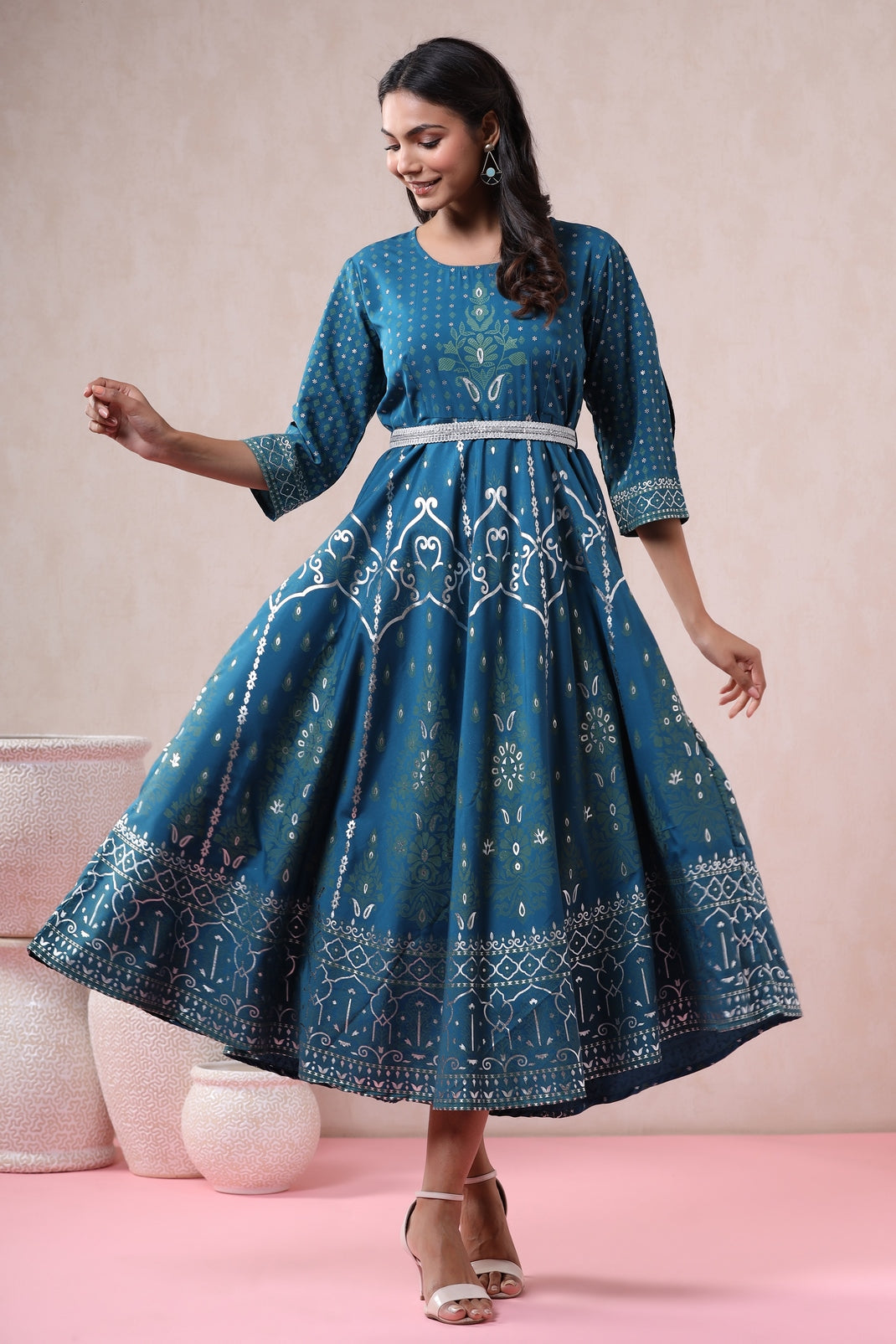 Blue American Crepe Printed Flared Dress with Belt