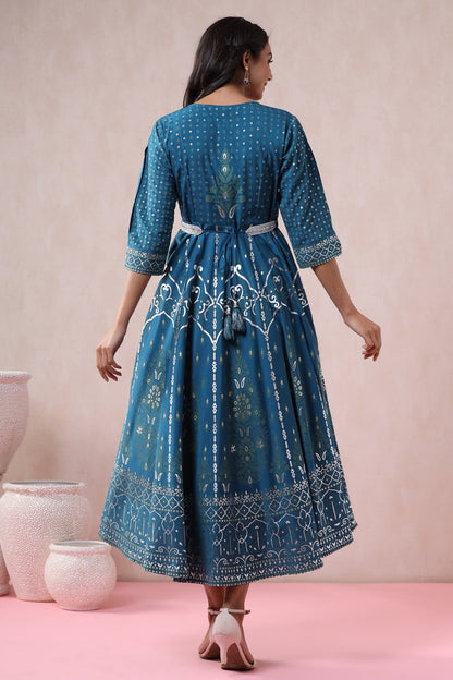 Blue American Crepe Printed Flared Dress with Belt
