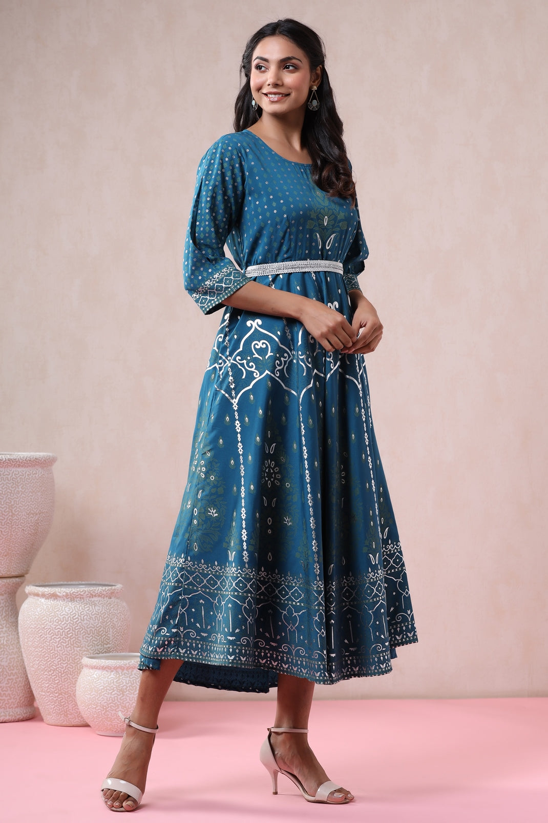 Blue American Crepe Printed Flared Dress with Belt
