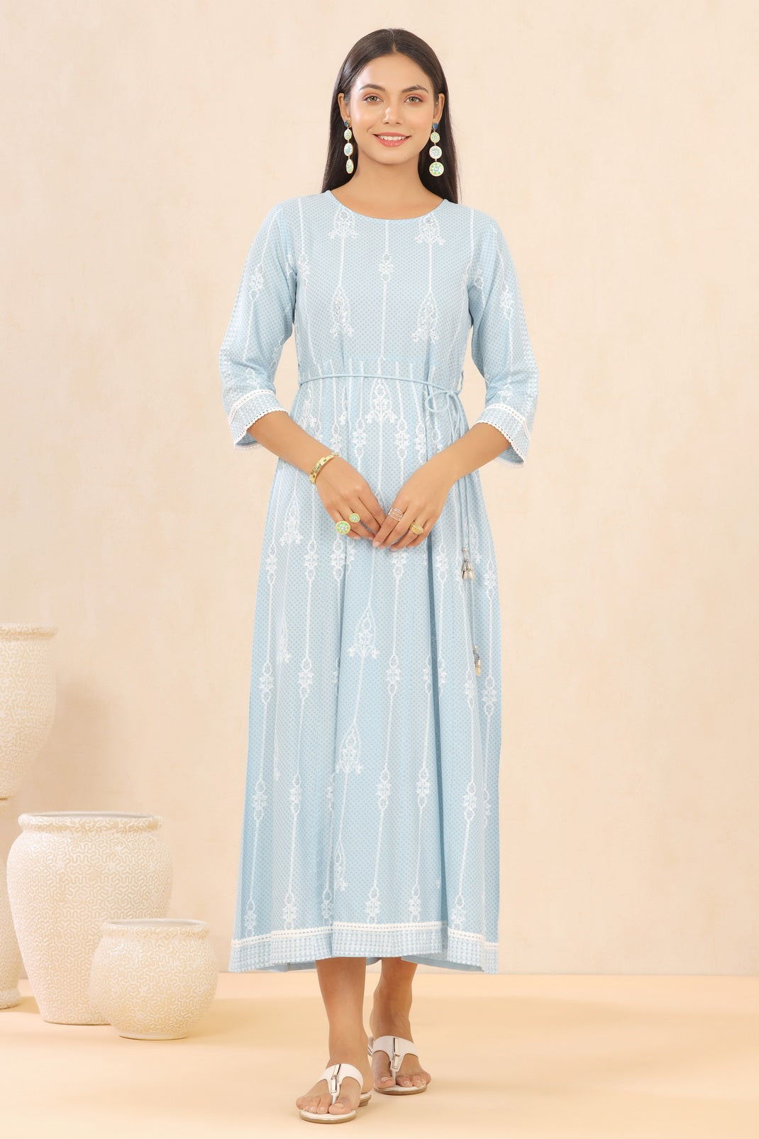Blue Rayon Printed Anarkali Dress with Tie-up Dori