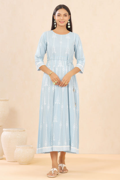 Blue Rayon Printed Anarkali Dress with Tie-up Dori