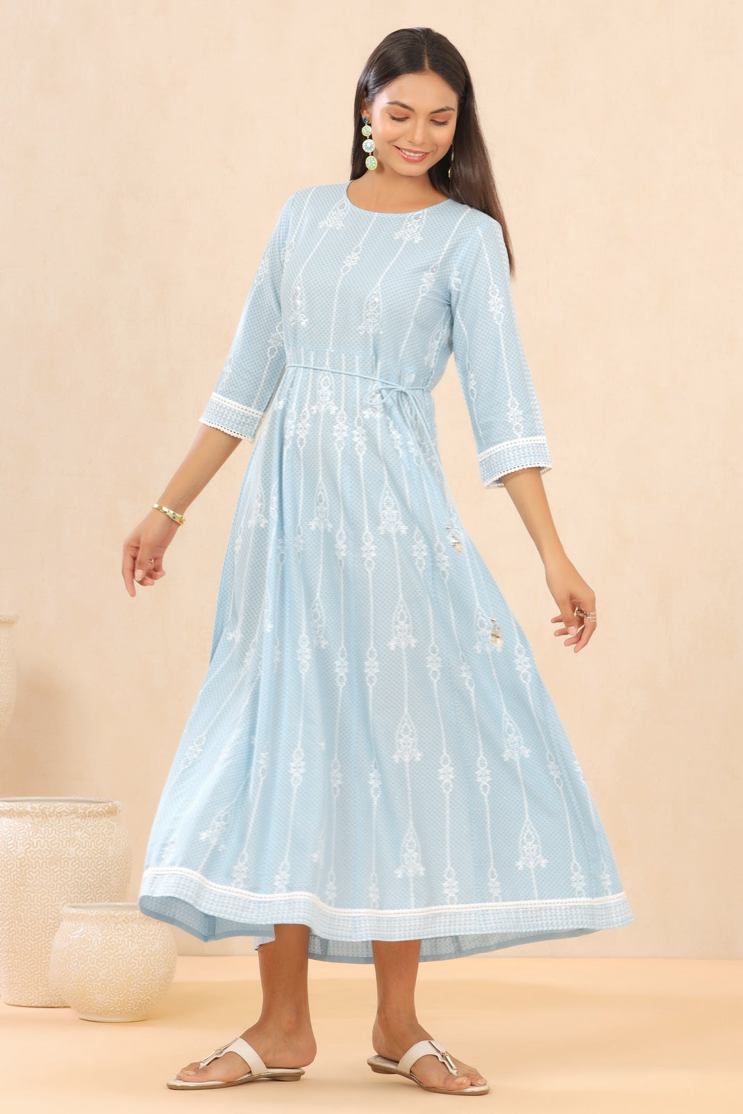 Blue Rayon Printed Anarkali Dress with Tie-up Dori